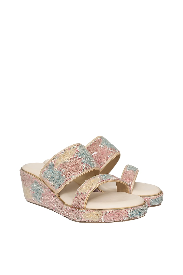 Gold Silk Bead & Sequins Embroidered Platform Wedges by Kkarma Accessories at Pernia's Pop Up Shop