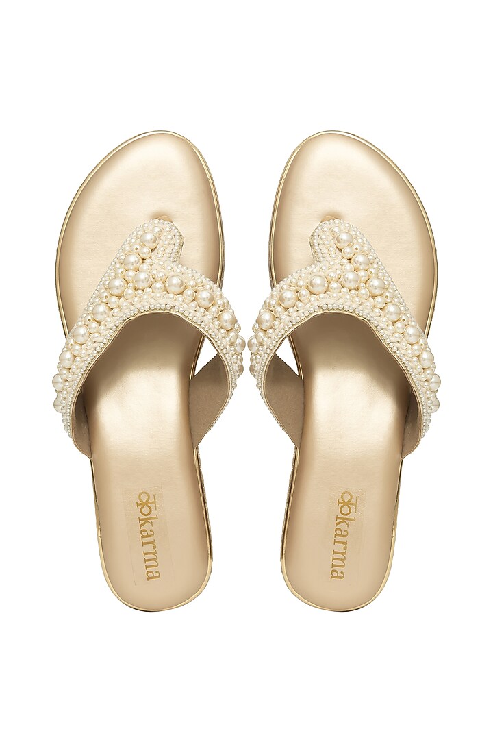 Gold Silk Pearl Embellished Platform Wedges by Kkarma Accessories at Pernia's Pop Up Shop