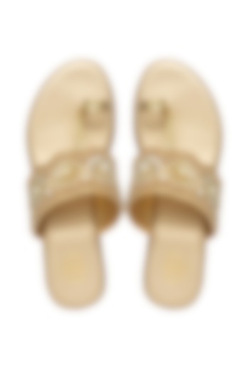Gold Silk Pearl Embroidered Kolhapuri Block Heels by Kkarma Accessories at Pernia's Pop Up Shop
