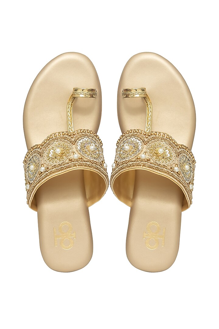 Gold Silk Pearl Embroidered Kolhapuri Block Heels by Kkarma Accessories at Pernia's Pop Up Shop