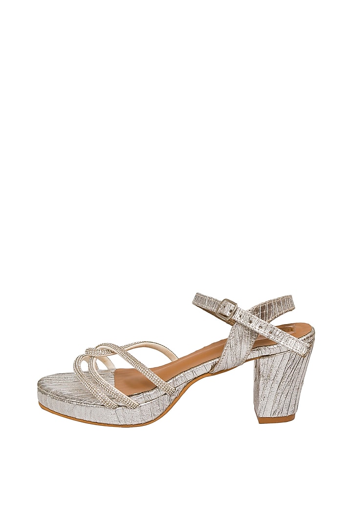 Silver Silk Embellished Block Heels by Kkarma Accessories at Pernia's Pop Up Shop