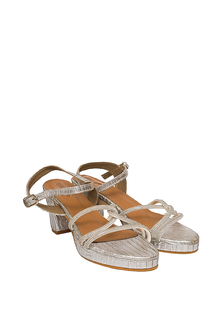 Silver Silk Embellished Block Heels by Kkarma Accessories at Pernia's Pop Up Shop
