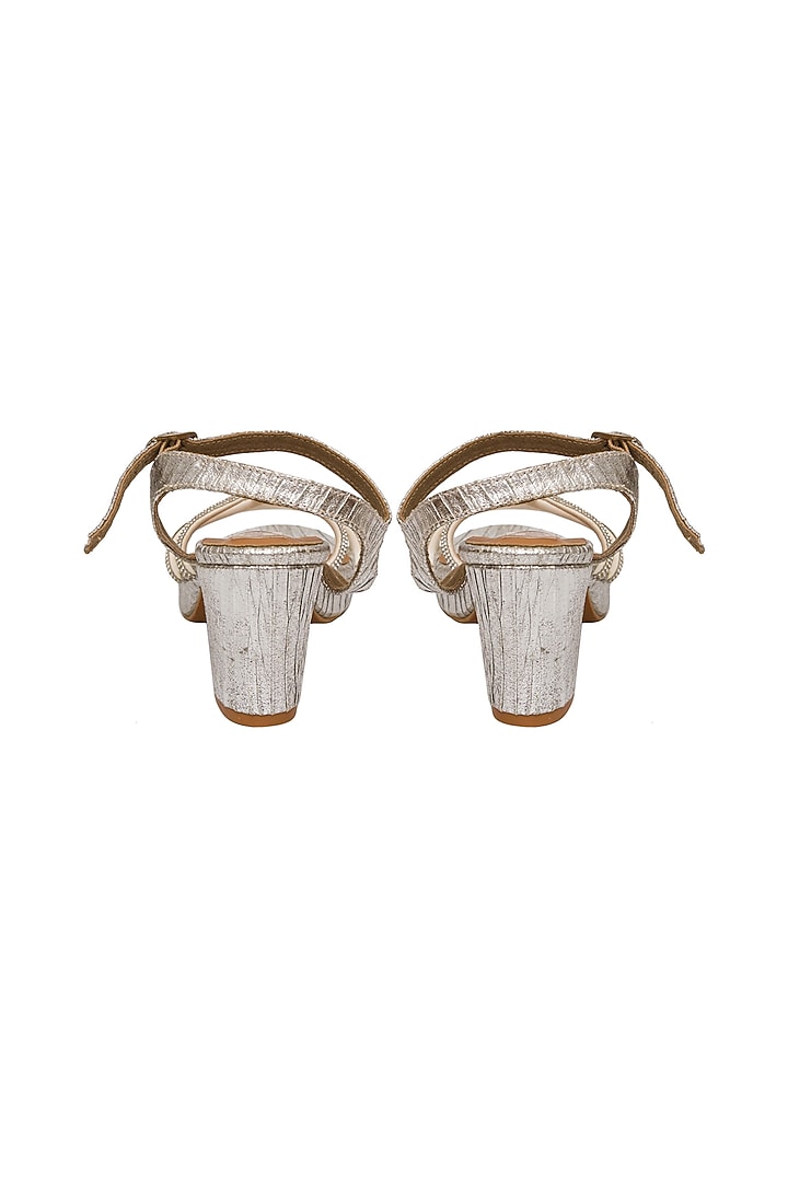 Silver Silk Embellished Block Heels by Kkarma Accessories at Pernia's Pop Up Shop