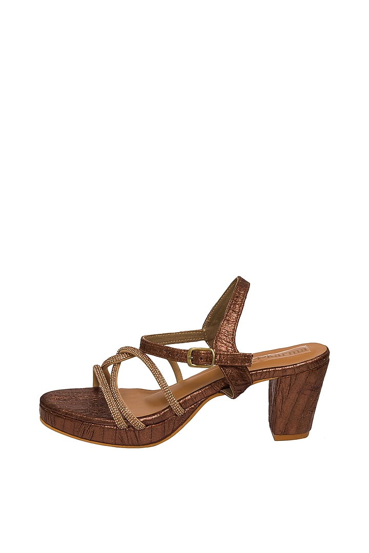 Bronze Silk Embellished Block Heels by Kkarma Accessories at Pernia's Pop Up Shop