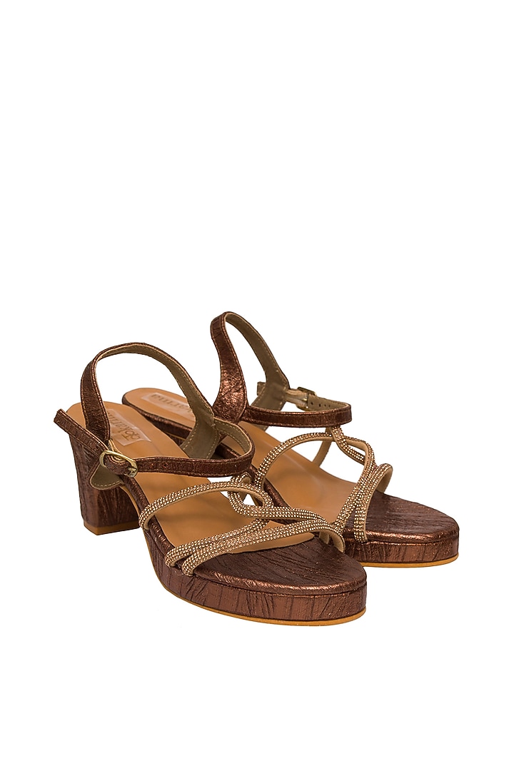 Bronze Silk Embellished Block Heels by Kkarma Accessories at Pernia's Pop Up Shop