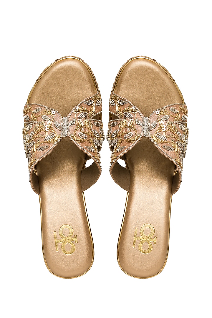 Rose Gold Silk Sequins & Thread Embroidered Platform Wedges by Kkarma Accessories at Pernia's Pop Up Shop