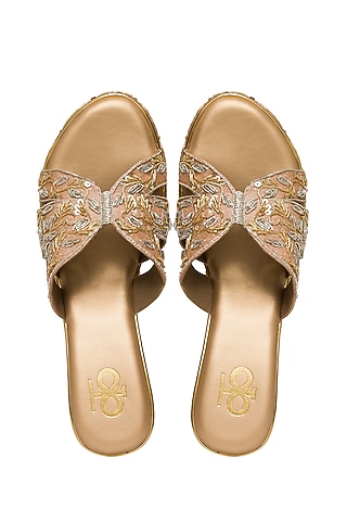 Rose Gold Silk Sequins & Thread Embroidered Platform Wedges by Kkarma Accessories