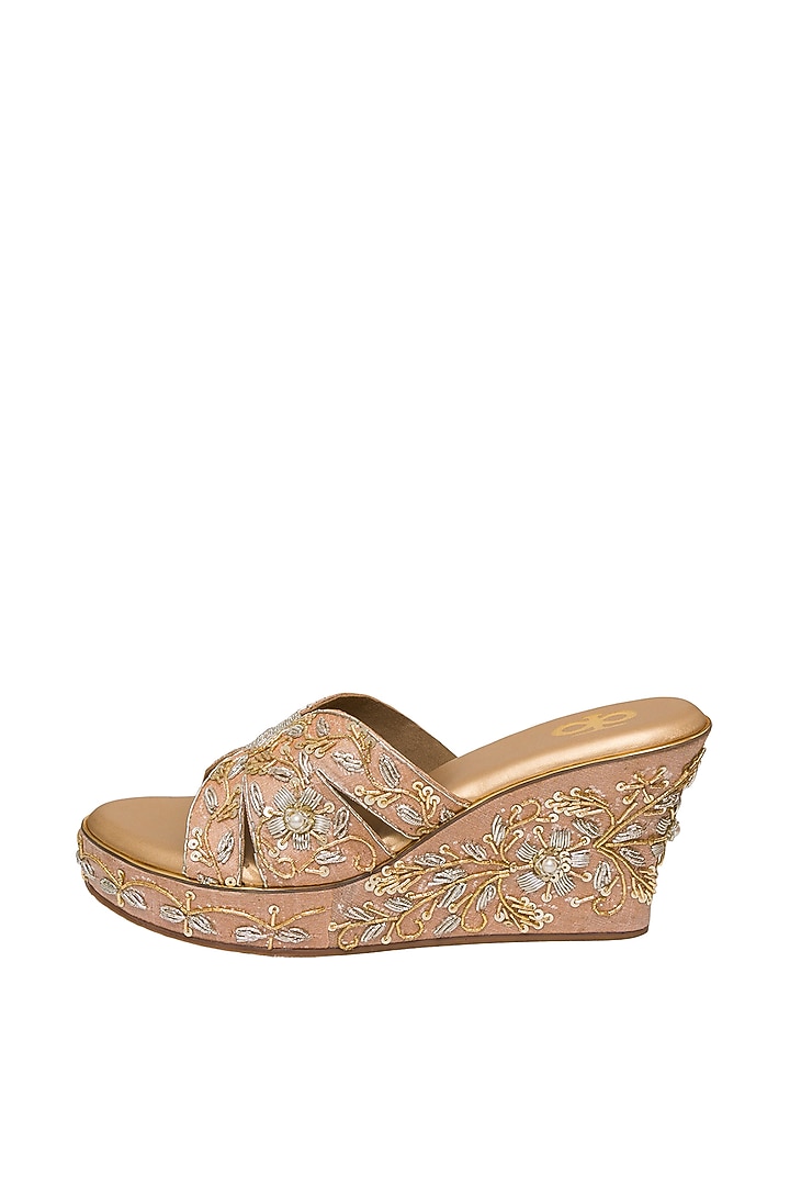 Rose Gold Silk Sequins & Thread Embroidered Platform Wedges by Kkarma Accessories at Pernia's Pop Up Shop