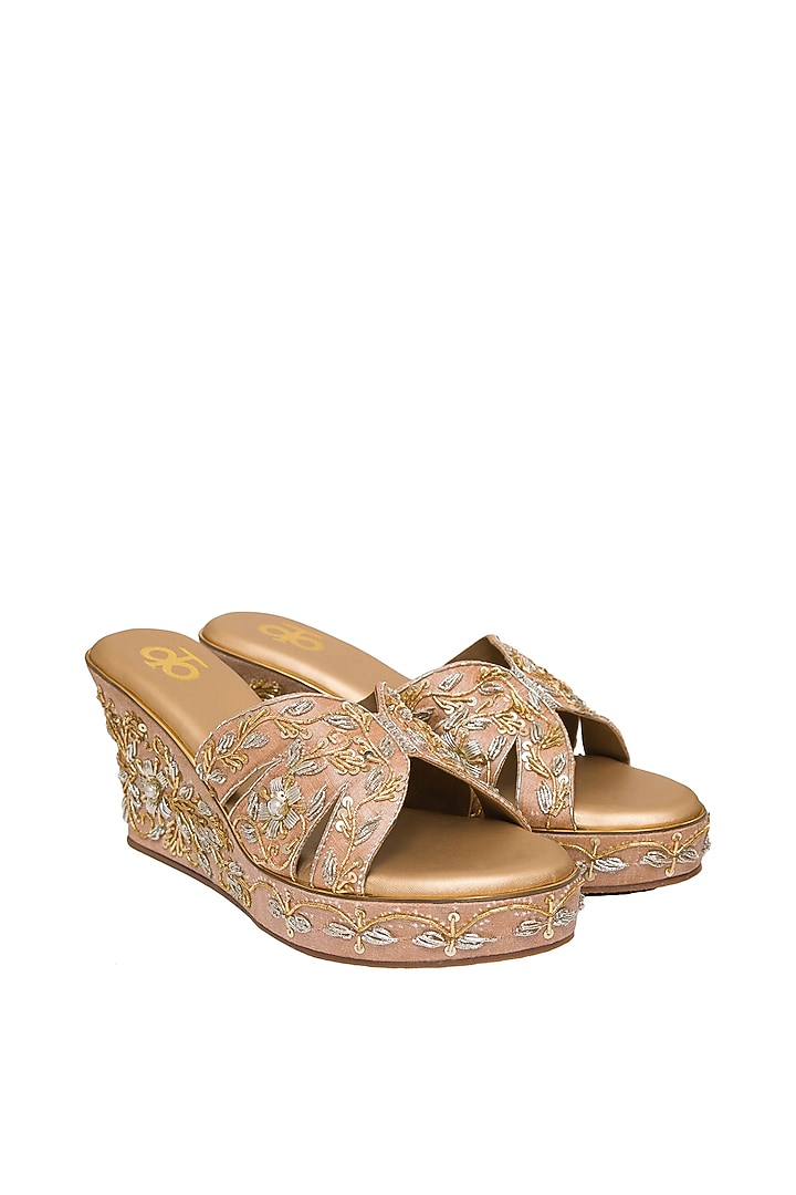 Rose Gold Silk Sequins & Thread Embroidered Platform Wedges by Kkarma Accessories at Pernia's Pop Up Shop