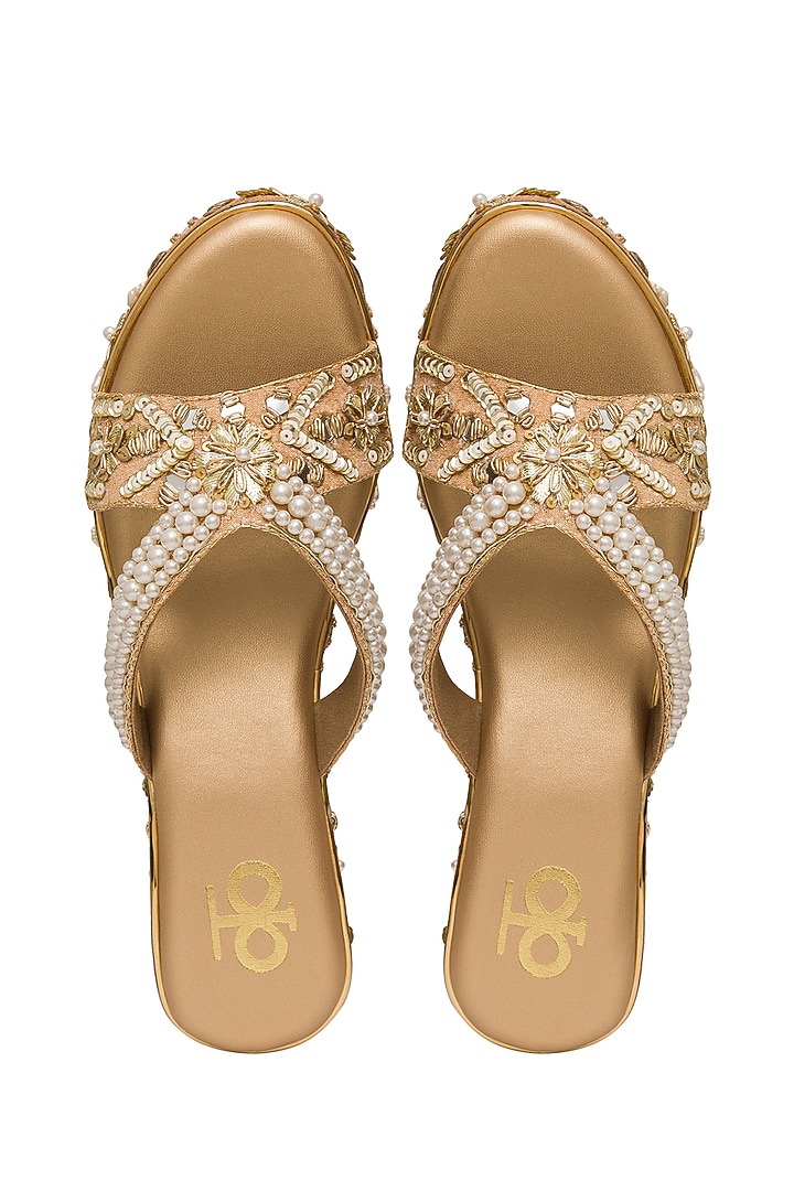 Gold Silk Pearl Hand Embroidered Platform Wedges by Kkarma Accessories at Pernia's Pop Up Shop