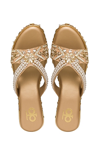 Gold Silk Pearl Hand Embroidered Platform Wedges by Kkarma Accessories