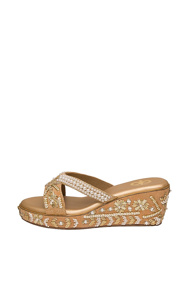 Gold Silk Pearl Hand Embroidered Platform Wedges by Kkarma Accessories at Pernia's Pop Up Shop