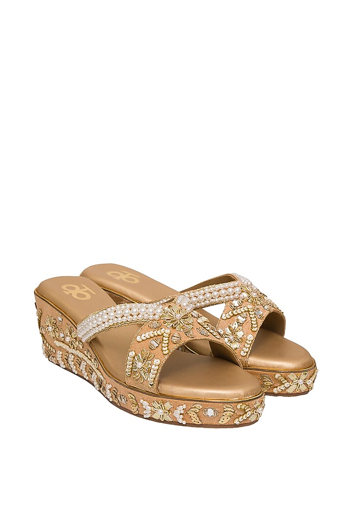 Gold Silk Pearl Hand Embroidered Platform Wedges by Kkarma Accessories at Pernia's Pop Up Shop