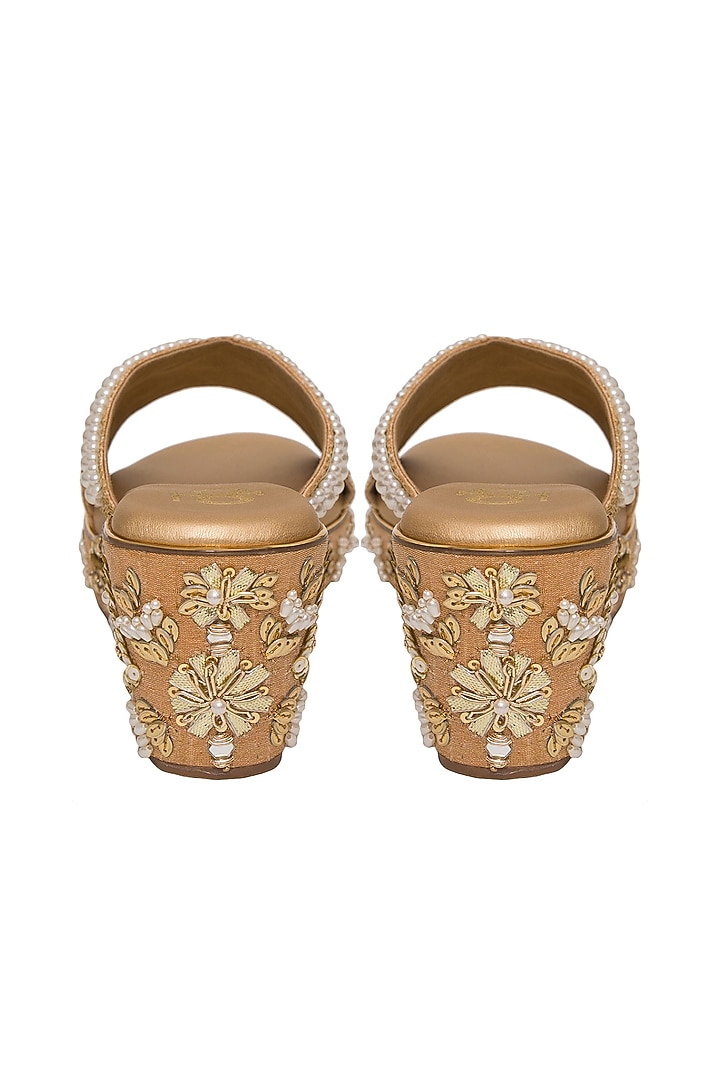Gold Silk Pearl Hand Embroidered Platform Wedges by Kkarma Accessories at Pernia's Pop Up Shop
