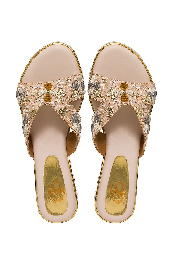 Rose Gold Silk Sequins Embroidered Platform Wedges by Kkarma Accessories at Pernia's Pop Up Shop