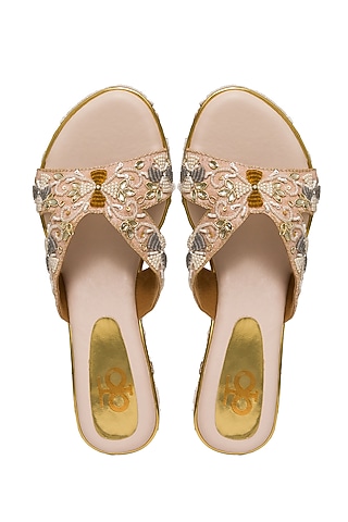 Rose Gold Silk Sequins Embroidered Platform Wedges by Kkarma Accessories