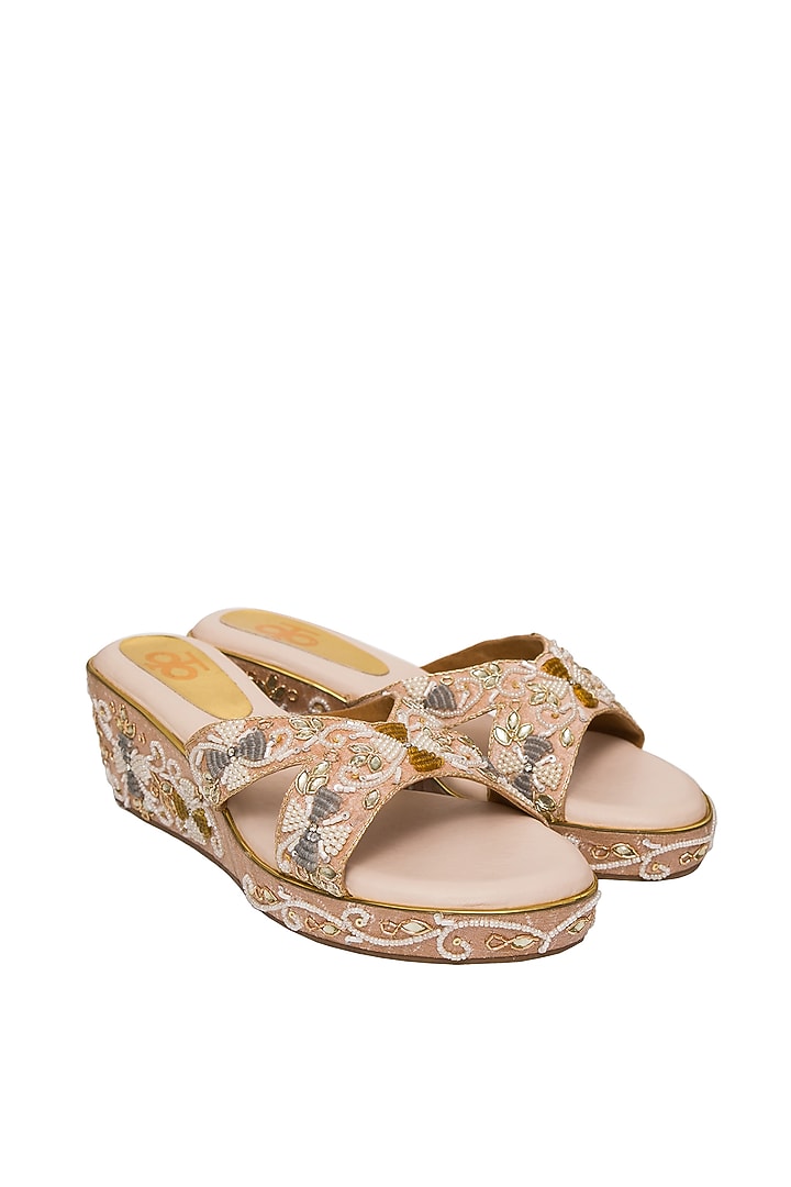 Rose Gold Silk Sequins Embroidered Platform Wedges by Kkarma Accessories at Pernia's Pop Up Shop