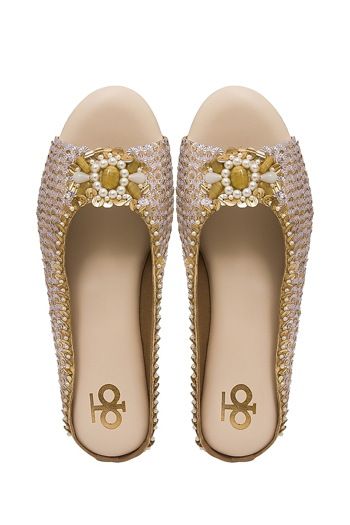 Gold Silk Pearl & Bead Embellished Peep-Toe Platform Wedges by Kkarma Accessories at Pernia's Pop Up Shop