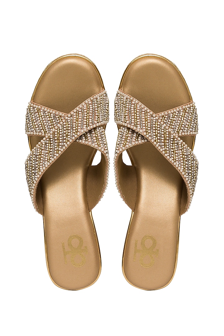 Rose Gold Silk Pearl & Bead Embellished Block Heels by Kkarma Accessories at Pernia's Pop Up Shop