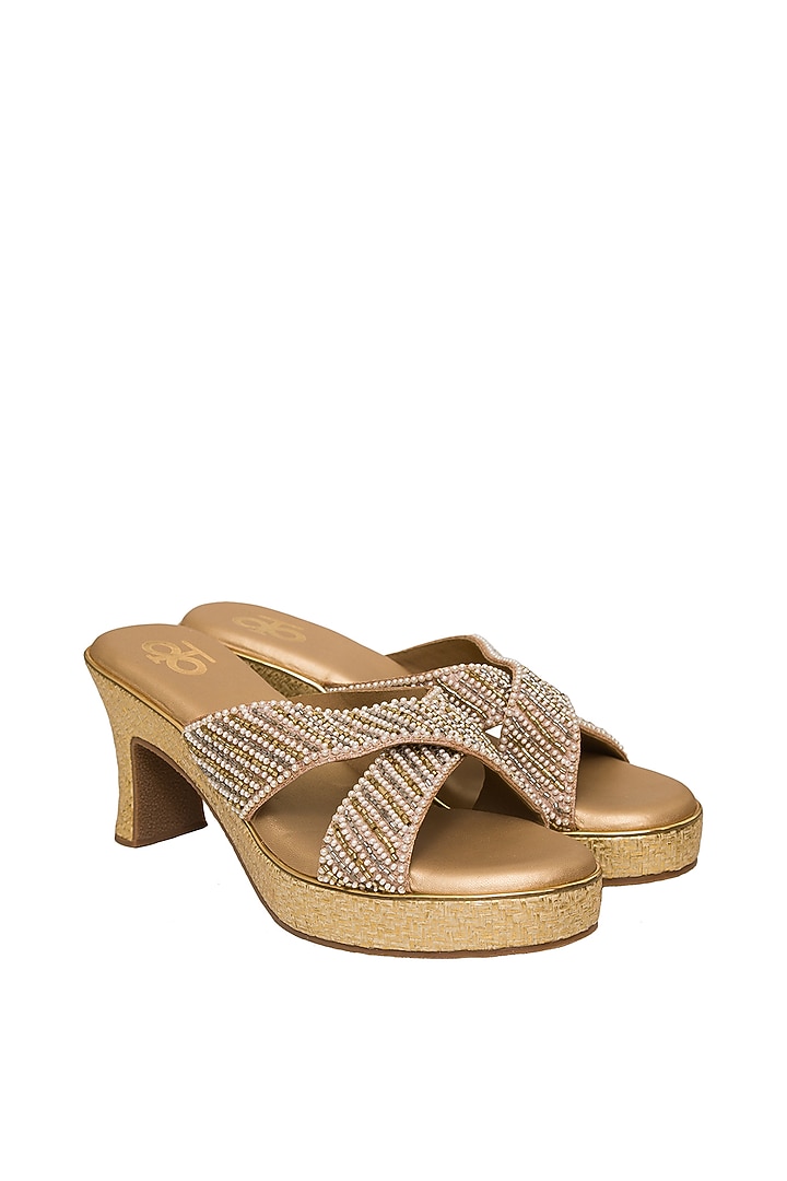 Rose Gold Silk Pearl & Bead Embellished Block Heels by Kkarma Accessories at Pernia's Pop Up Shop
