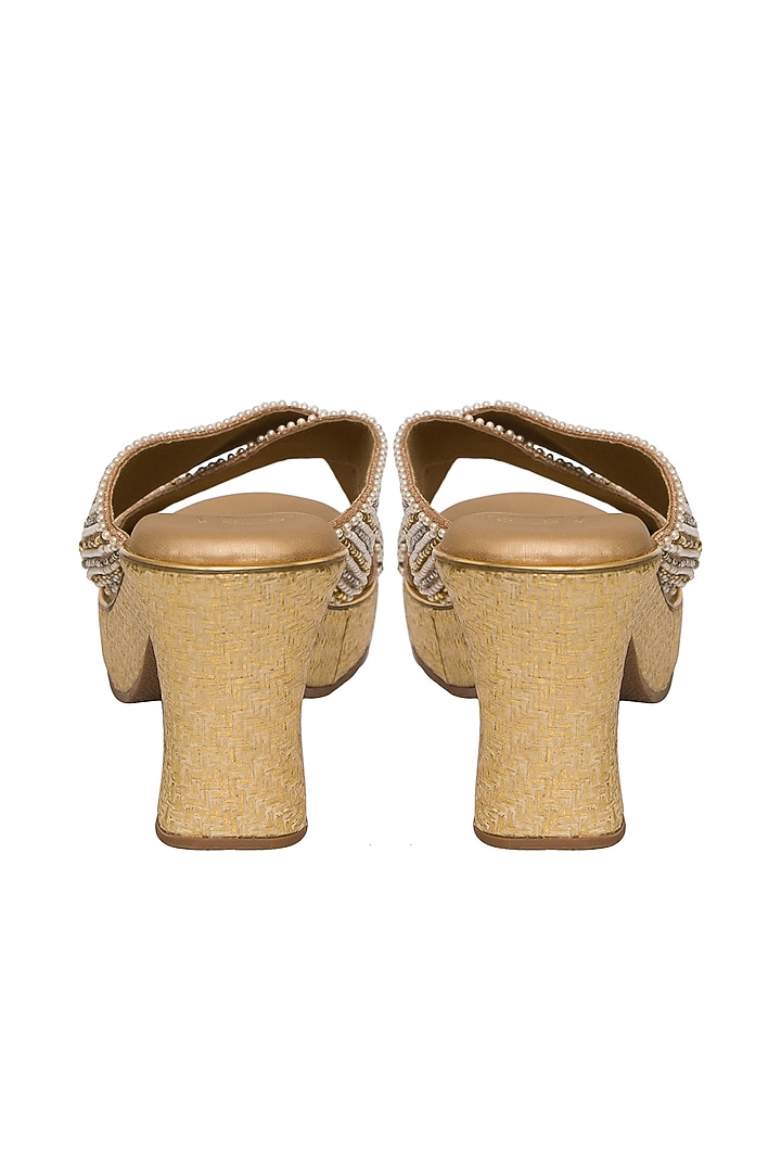 Rose Gold Silk Pearl & Bead Embellished Block Heels by Kkarma Accessories at Pernia's Pop Up Shop