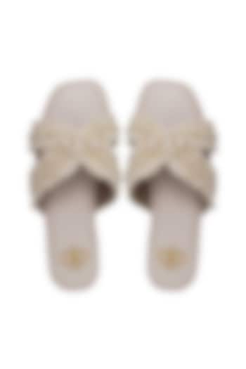 Off-White Silk Pearl Embroidered Flats by Kkarma Accessories at Pernia's Pop Up Shop