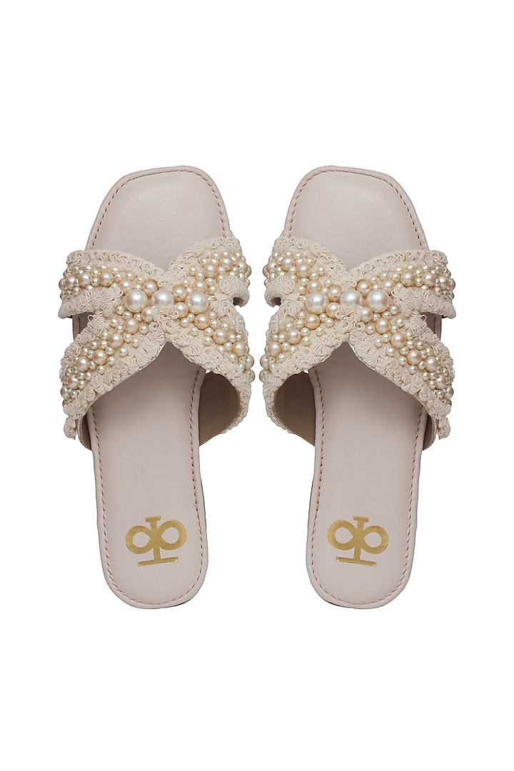 Off-White Silk Pearl Embroidered Flats by Kkarma Accessories at Pernia's Pop Up Shop