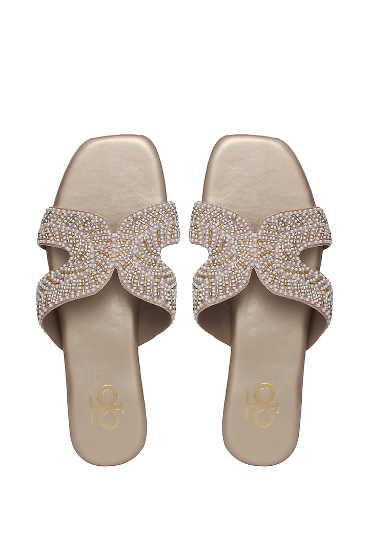 Rose Gold Silk Pearl Embroidered Flats by Kkarma Accessories at Pernia's Pop Up Shop