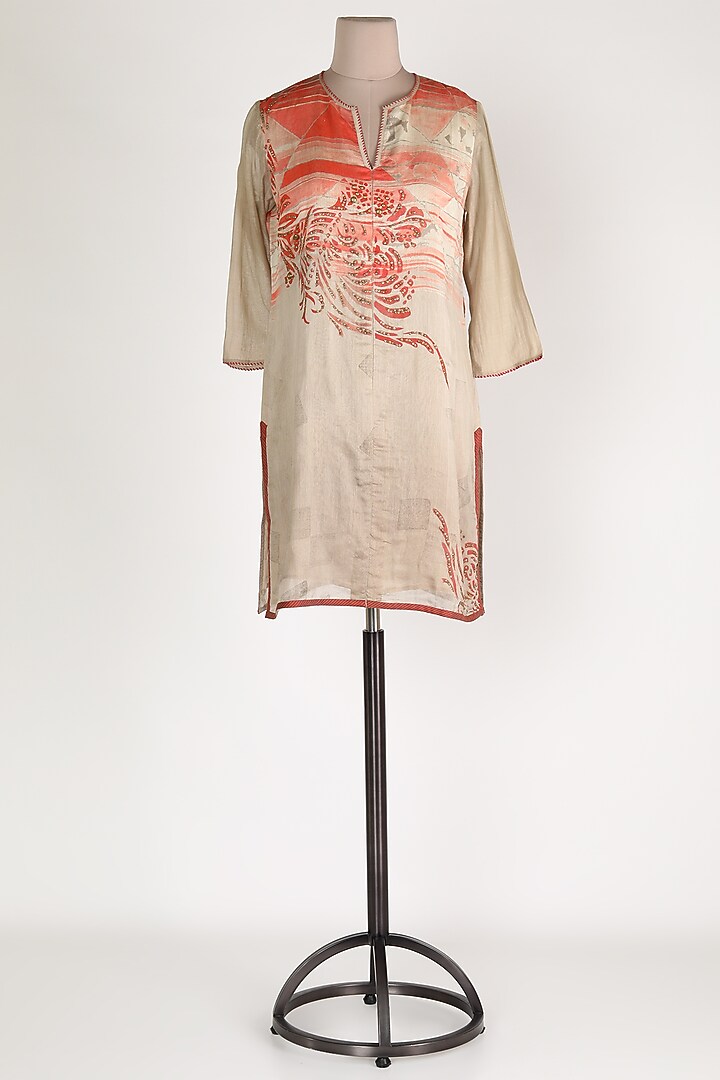 Beige Printed & Embroidered Tunic by Krishna Mehta at Pernia's Pop Up Shop