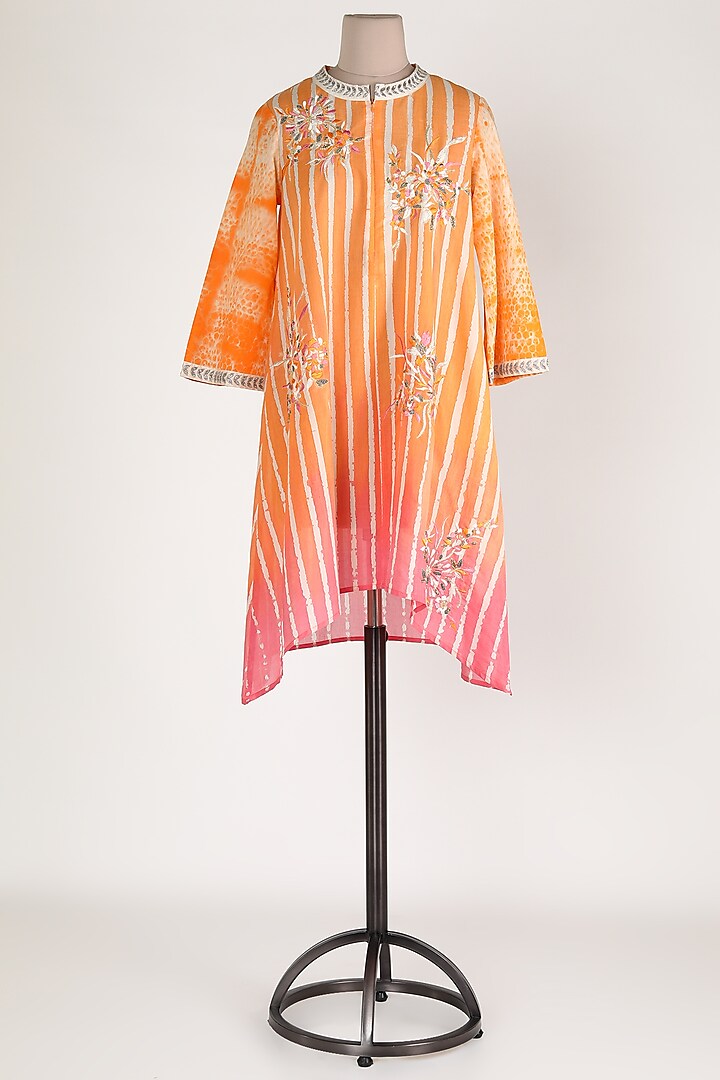 Orange Embroidered Printed Tunic by Krishna Mehta