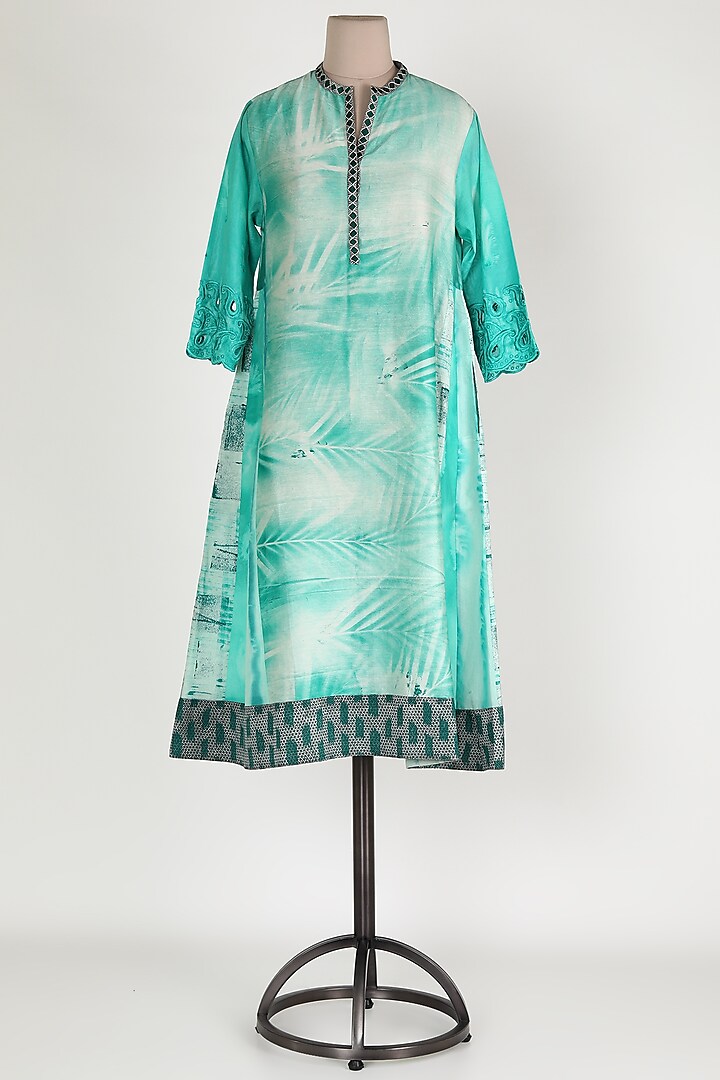 Turquoise Embroidered Printed Tunic by Krishna Mehta