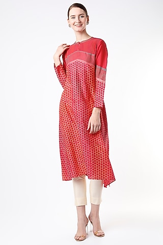 Red Hand Block Printed Tunic by Krishna Mehta