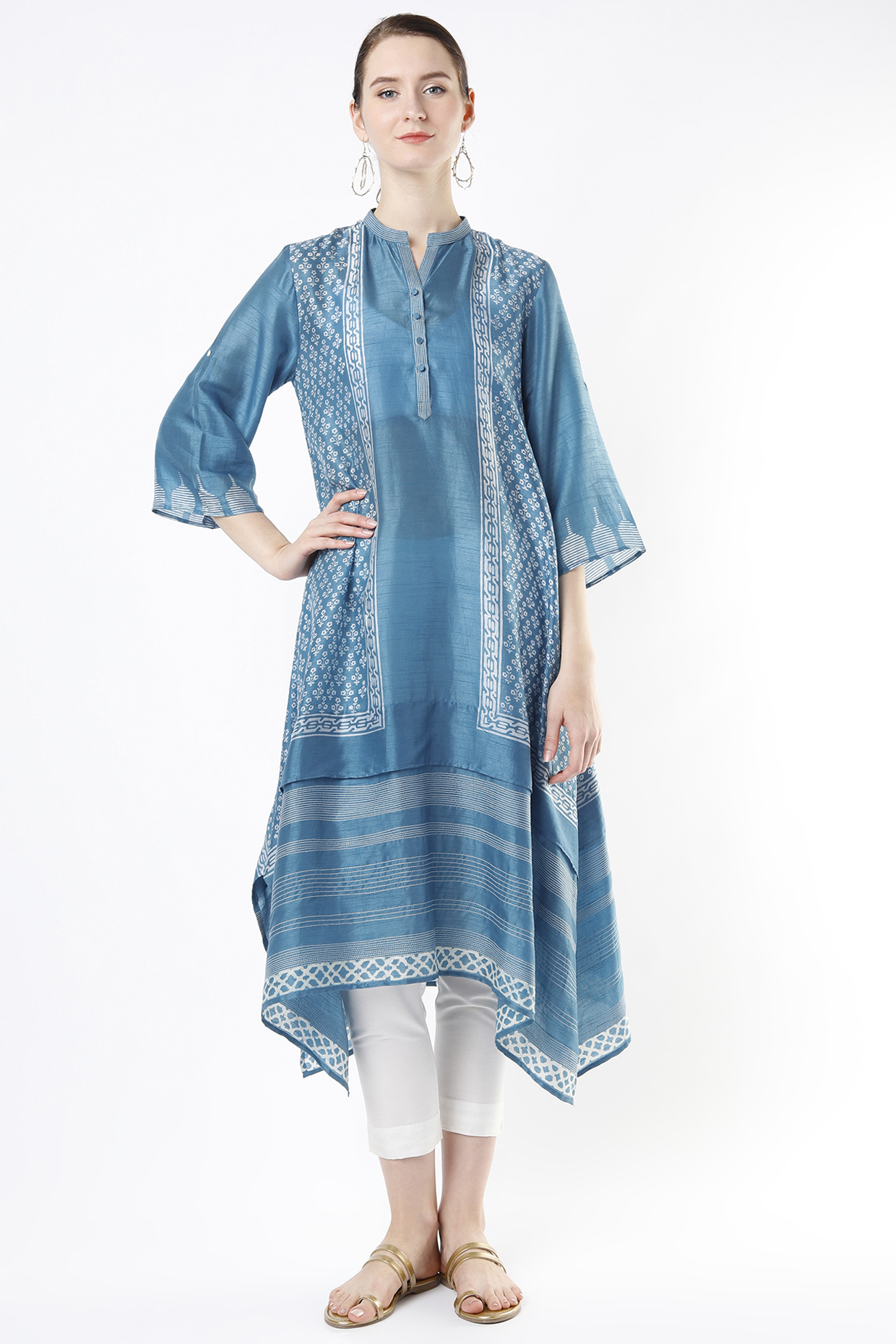 Sky Blue Hand Block Printed Tunic by Krishna Mehta at Pernia's Pop Up Shop