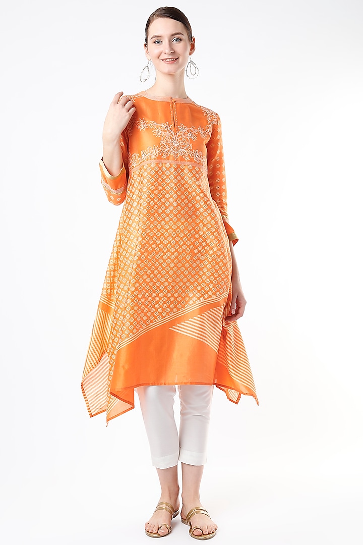 Orange Block Printed Tunic by Krishna Mehta