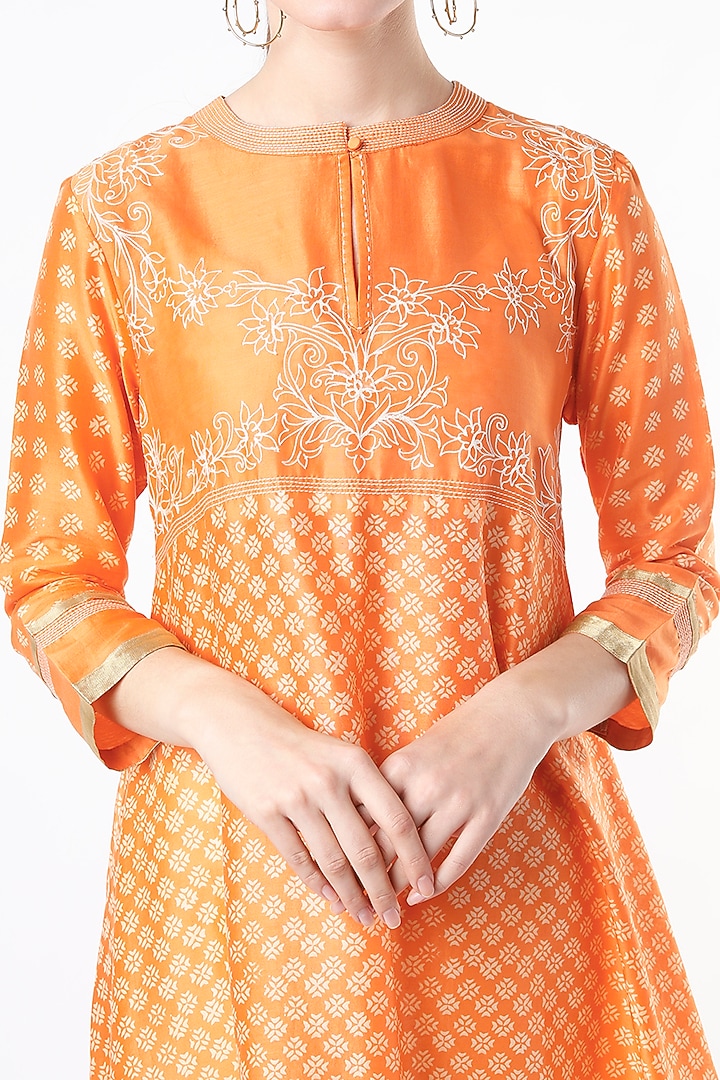 Orange Block Printed Tunic by Krishna Mehta at Pernia's Pop Up Shop