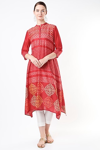 Red Chanderi Printed Tunic by Krishna Mehta