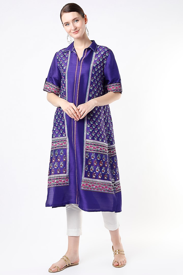 Electric Purple Block Printed Tunic by Krishna Mehta at Pernia's Pop Up Shop