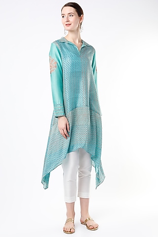 Turquoise Block Printed Tunic by Krishna Mehta