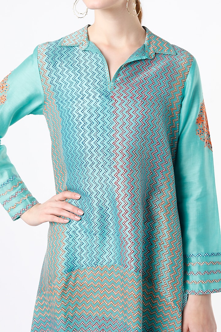 Turquoise Block Printed Tunic by Krishna Mehta at Pernia's Pop Up Shop