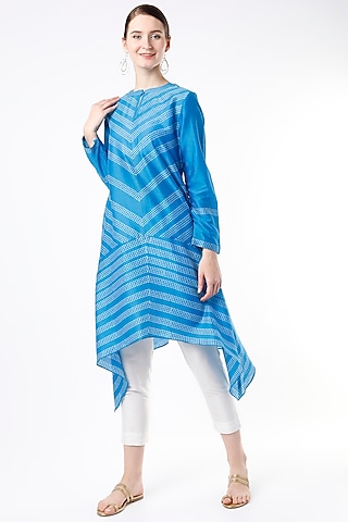 Ocean Blue Block Printed Tunic by Krishna Mehta