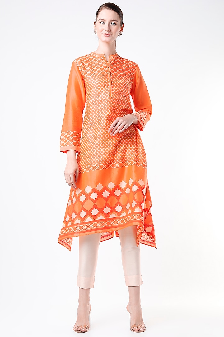 Orange Hand Block Printed Tunic by Krishna Mehta