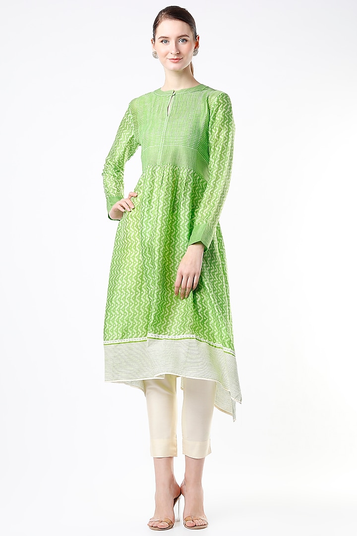 Green Hand Block Printed Tunic by Krishna Mehta