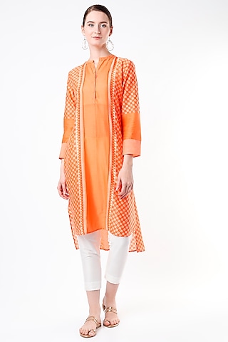 Orange Chanderi Printed Tunic by Krishna Mehta