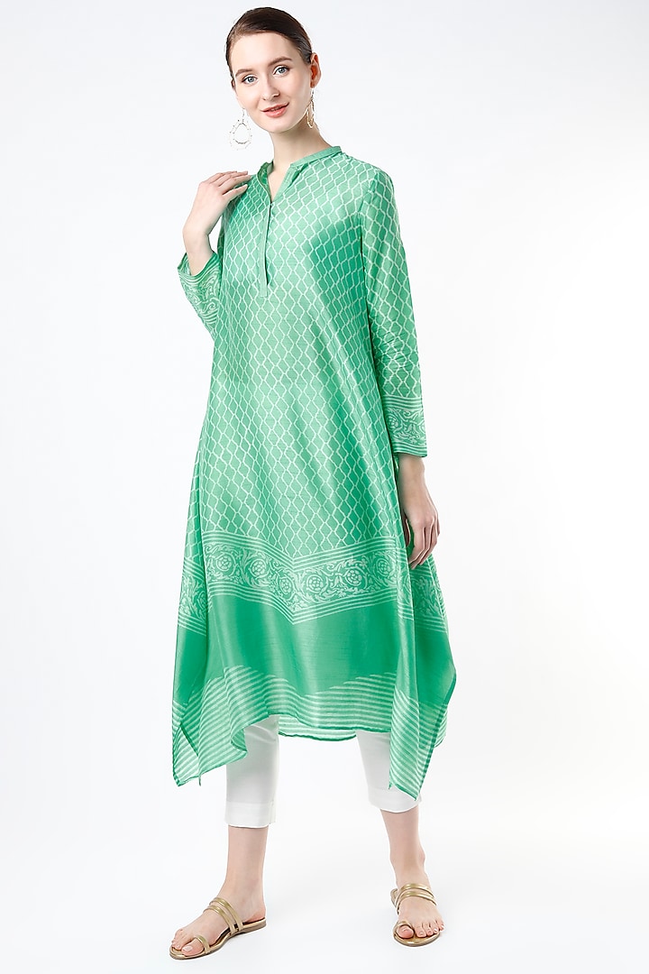 Mint Hand Block Printed Tunic by Krishna Mehta