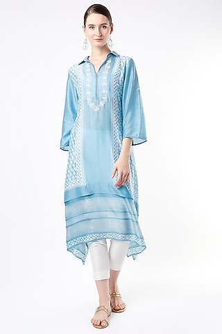 Sky Blue Printed Tunic by Krishna Mehta