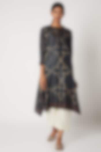 Charcoal Grey Kantha Embroidered Tunic by Krishna Mehta