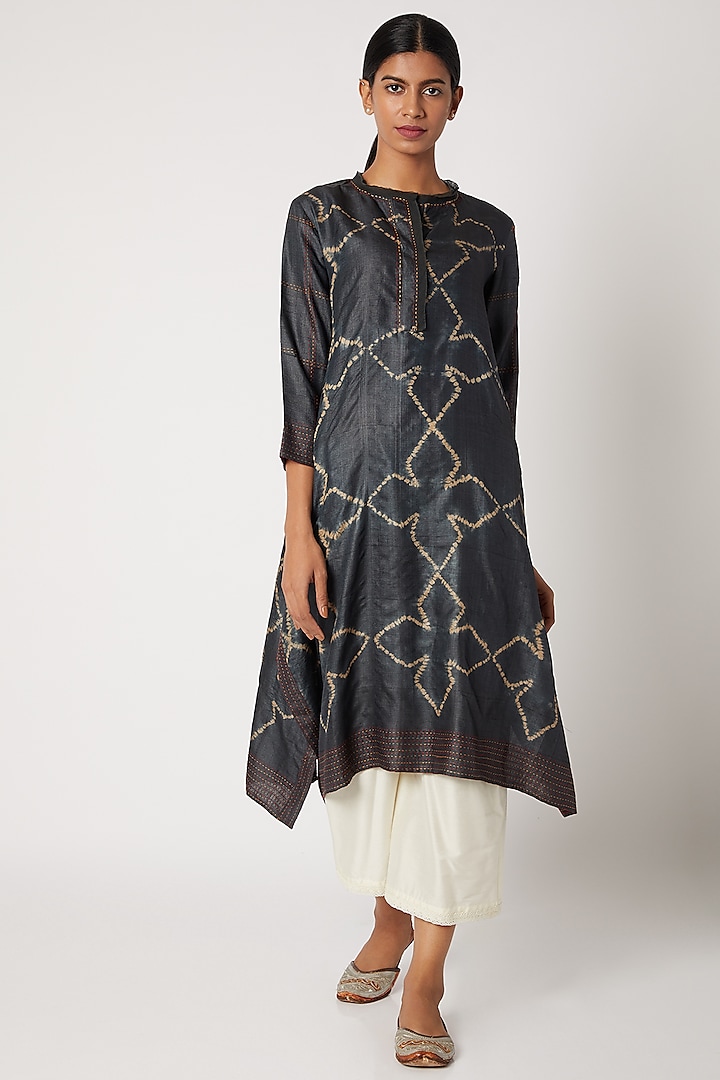 Charcoal Grey Kantha Embroidered Tunic by Krishna Mehta