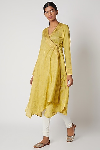 Yellow Printed Wrap Tunic by Krishna Mehta