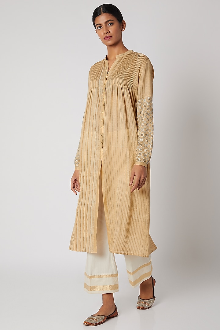Cream Embroidered Tunic With Pintucks by Krishna Mehta