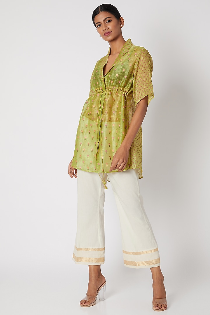 Lime Green Embroidered & Printed Top by Krishna Mehta
